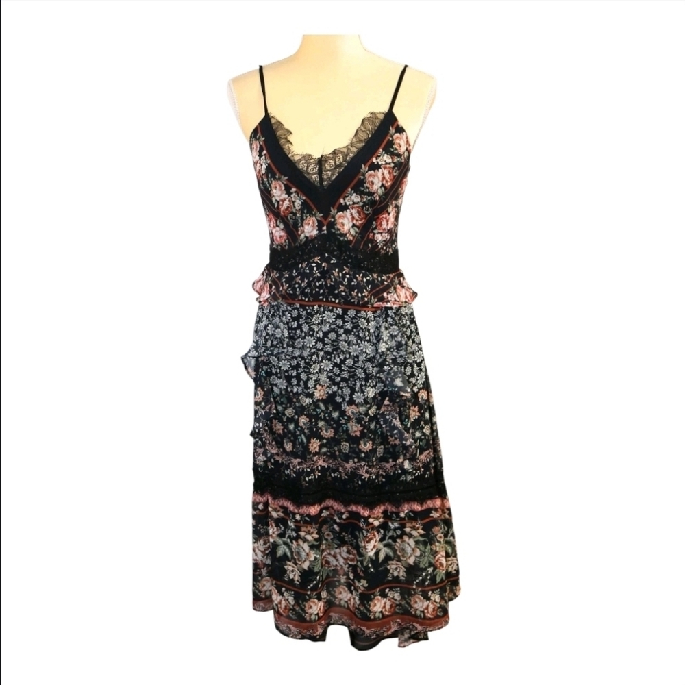 Adelyn Rae Marcella Black Floral Hi-Low Lace Trim Midi Dress Whimsigoth Small